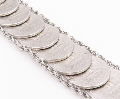 925 Sterling Silver Vintage Bracelet Solid US Quarter Dollar Coins Link  BT11626