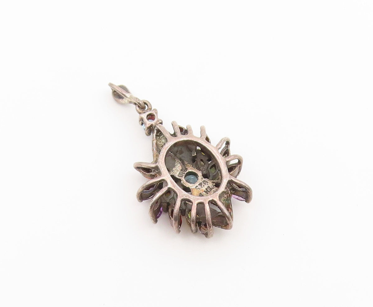 925 Sterling Silver Vintage Pendant Classic Multi Gemstone Floral Charm  PT26614