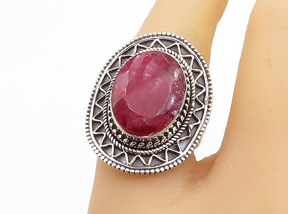 925 Sterling Silver  Faceted Ruby Bordered Shiny Cocktail Ring Sz 7.5  RG7787