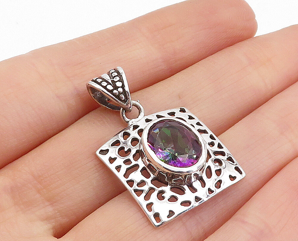 925 Sterling Silver  Mystic Topaz Shiny Cutout Square Drop Pendant  PT3380