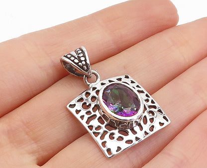 925 Sterling Silver  Mystic Topaz Shiny Cutout Square Drop Pendant  PT3380
