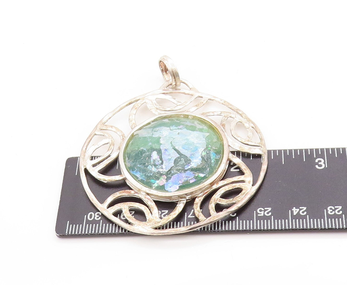 925 Sterling Silver Vintage Pendant ISRAEL Round Roman Glass Medallion  PT25055