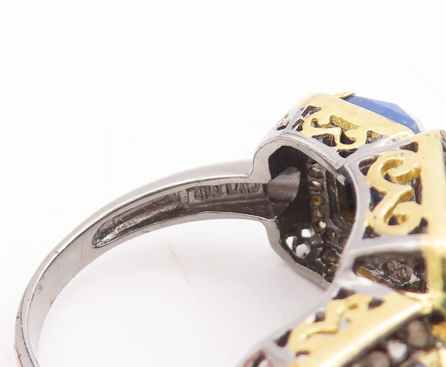 925 Sterling Silver Vintage Ring Gold Plated Diamond & Gemstone  Sz 8  RG29679