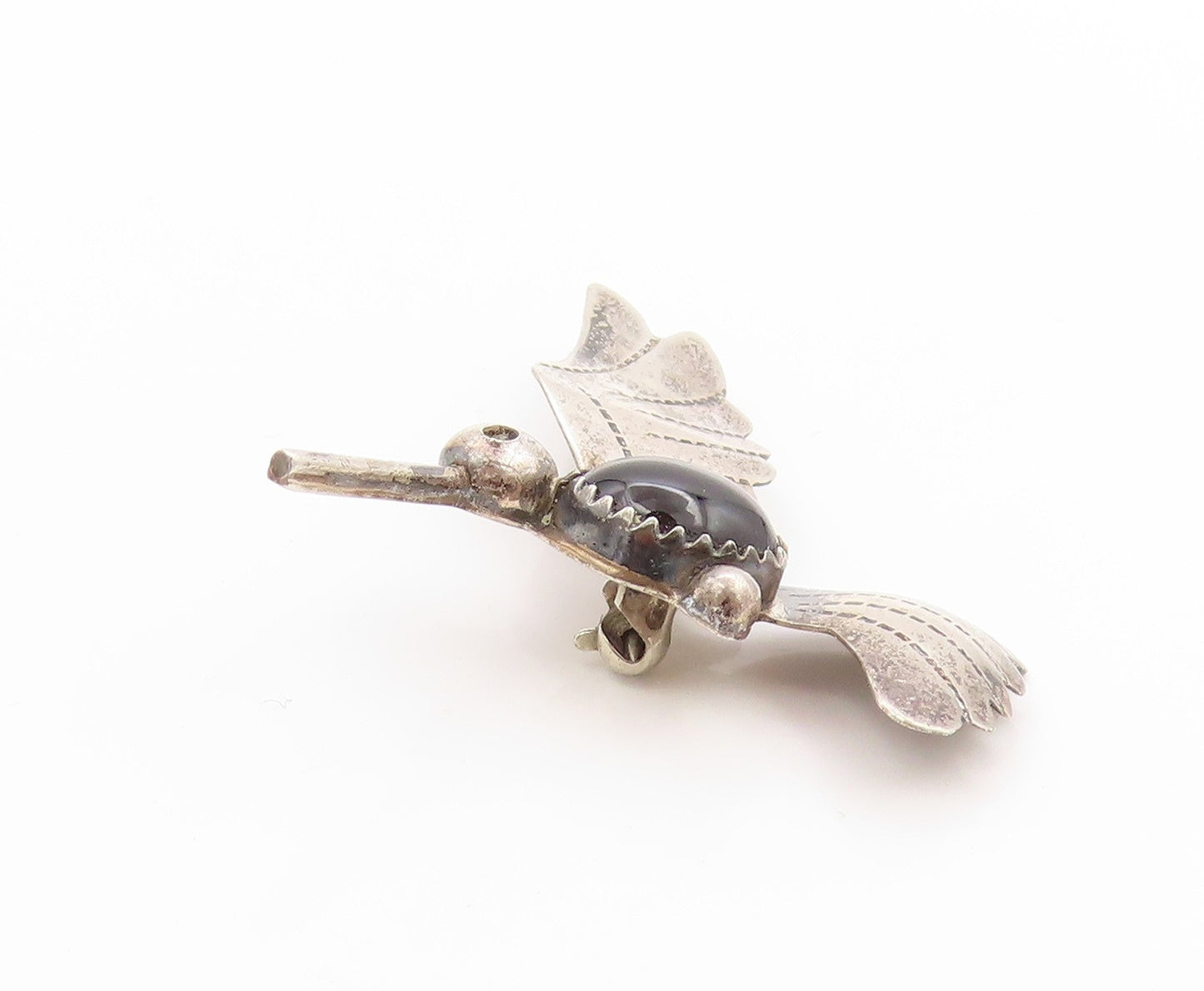 925 Sterling Silver Vintage Brooch NAVAJO Onyx Etched Humming Bird Pin   BP11870