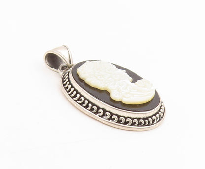 925 Sterling Silver Vintage Pendant Mother of Pearl & Onyx Lady Cameo  PT25329