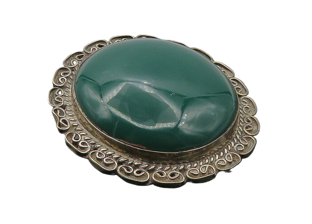 MEXICO 925 Sterling Silver  Vintage Cabochon Cut Green Onyx Brooch Pin  BP3740