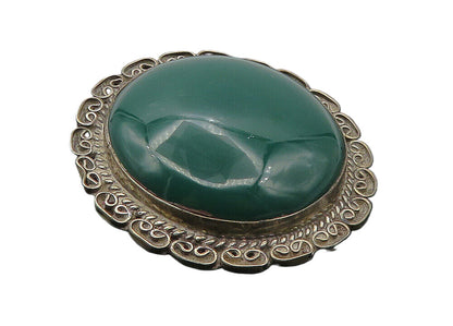 MEXICO 925 Sterling Silver  Vintage Cabochon Cut Green Onyx Brooch Pin  BP3740