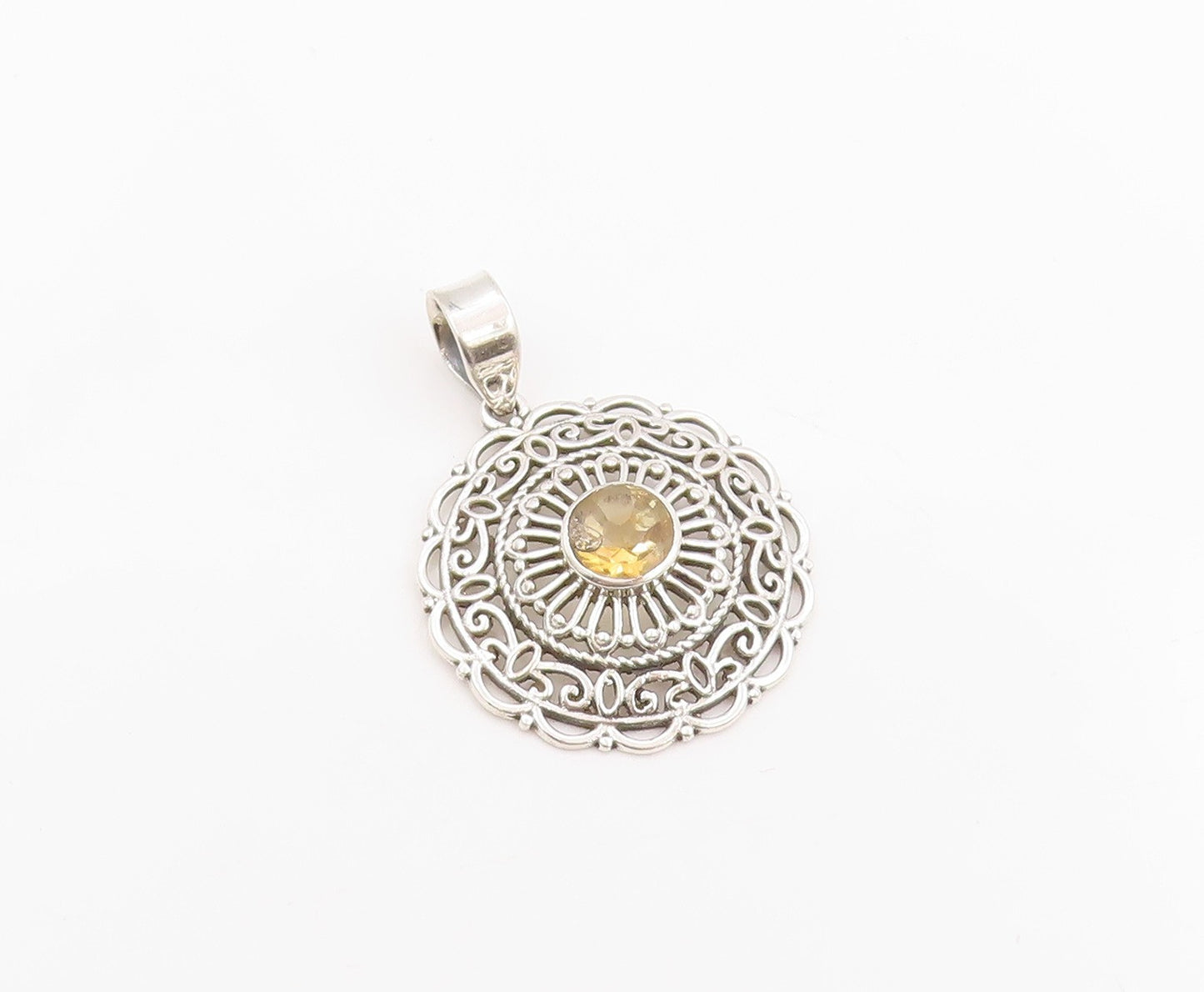 925 Sterling Silver Vintage Pendant Round Cut Citrine Openwork Charm  PT26240