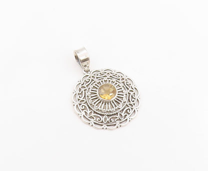 925 Sterling Silver Vintage Pendant Round Cut Citrine Openwork Charm  PT26240