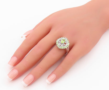 925 Sterling Silver Vintage Ring Round Peridot Floral Design Cut  SZ 8  RG32030