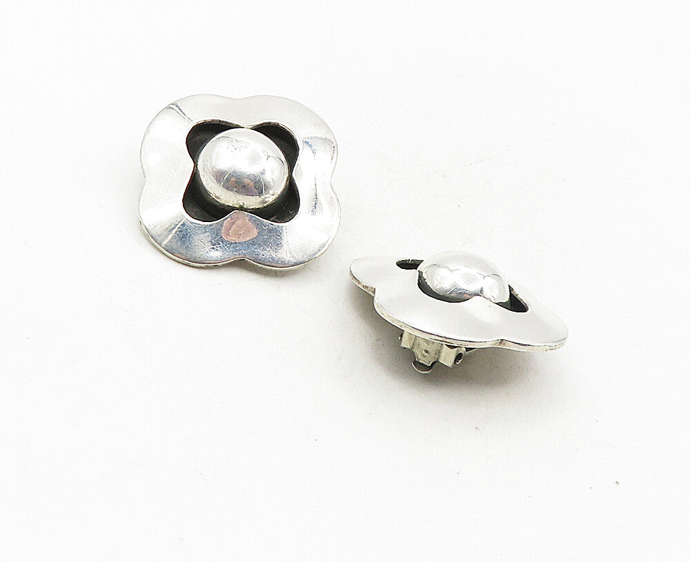 MEXICO 925 Sterling Silver Vintage Shiny Flower Motif Non Pierce Earrings EG4984