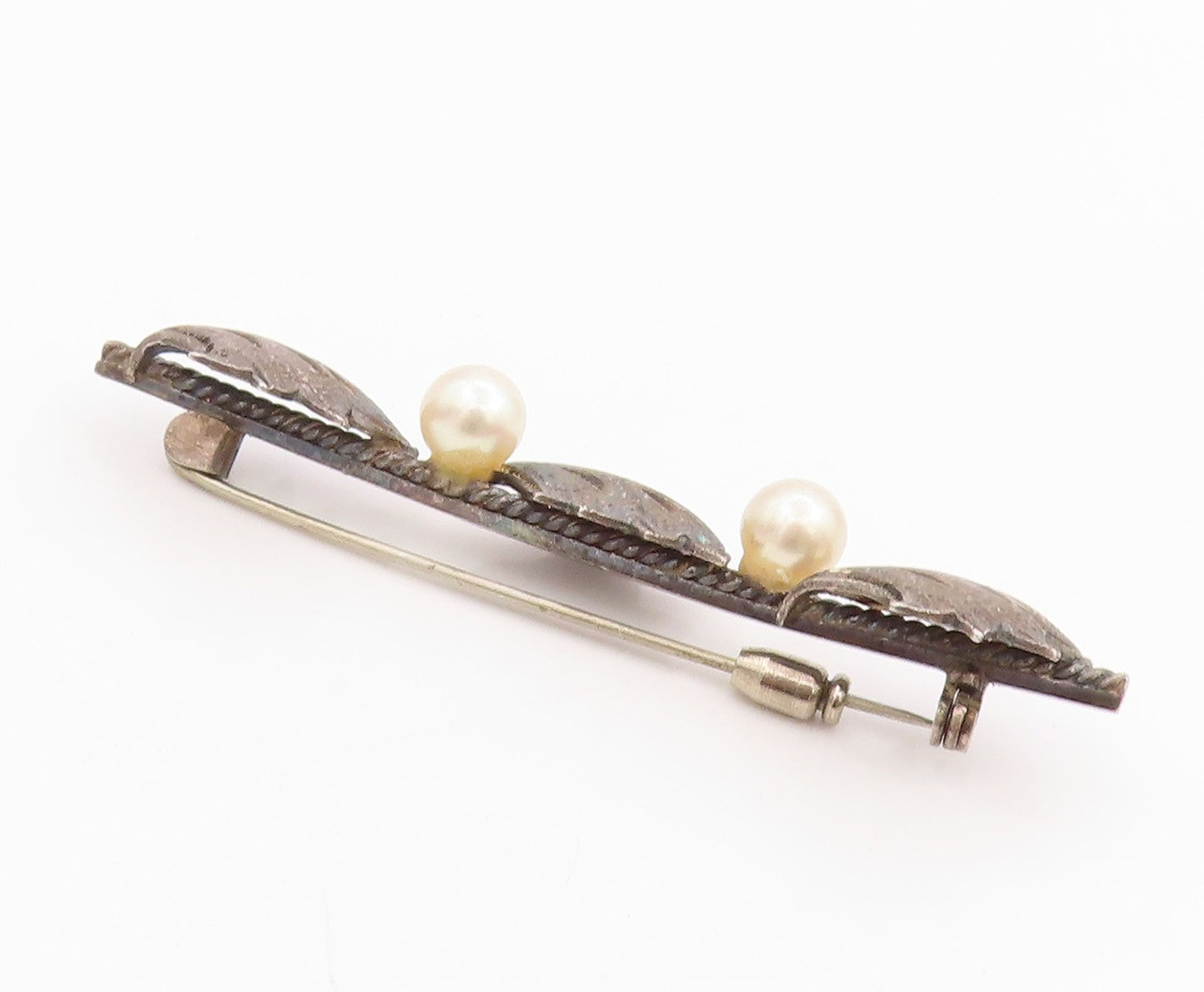 925 Sterling Silver Vintage Brooch Antique Leaved & Pearls Band  BP11717