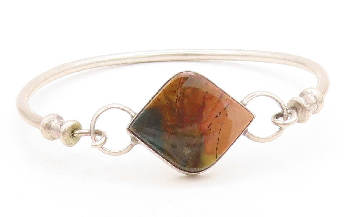 925 Sterling Silver  Vintage Brown Jasper Round Hook Bangle Bracelet  BT3168