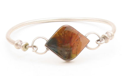 925 Sterling Silver  Vintage Brown Jasper Round Hook Bangle Bracelet  BT3168