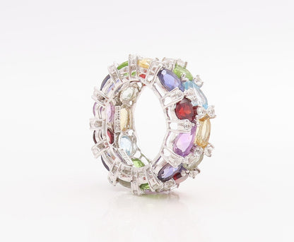 925 Sterling Silver Vintage Ring Multi Shape Gemstones Double Band Sz 8 RG30972