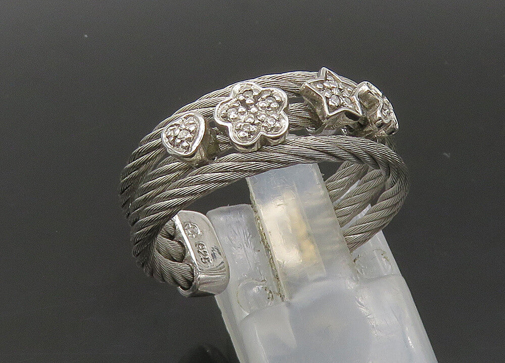 925 Silver  Vintage Genuine Diamonds Star Floral Twist Band Ring Sz 7  RG21853