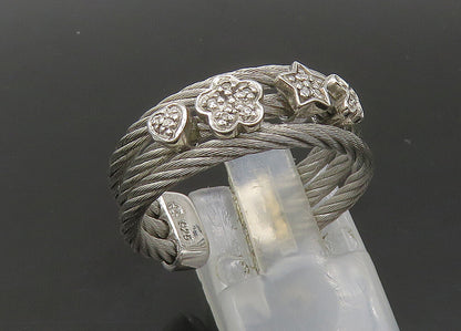 925 Silver  Vintage Genuine Diamonds Star Floral Twist Band Ring Sz 7  RG21853