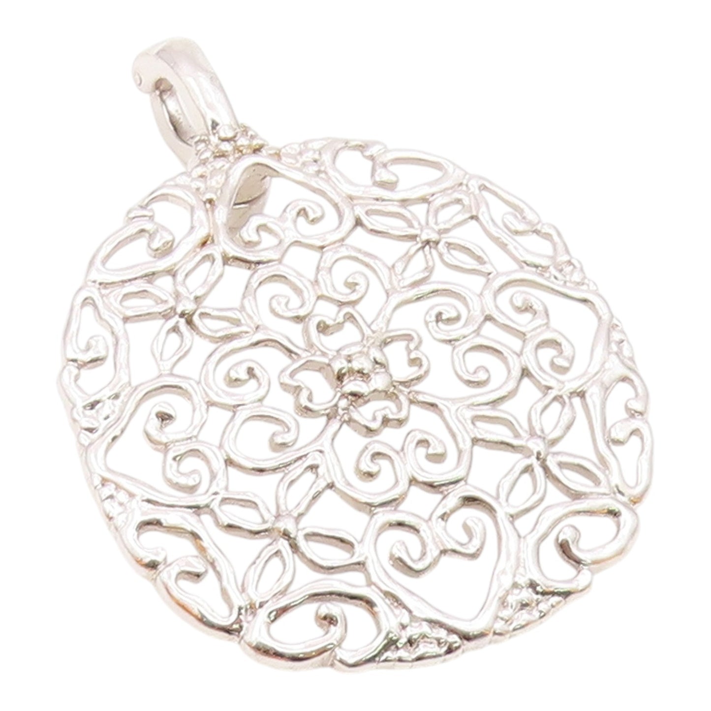 925 Sterling Silver  Vintage Shiny Floral Love Heart Pattern Pendant  PT19098