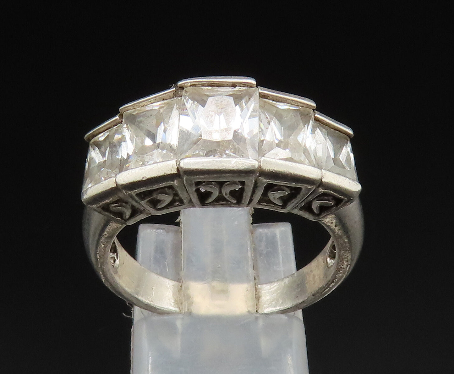 925 Silver  Vintage Graduated Five Stone Cubic Zirconia Ring Sz 9  RG24594
