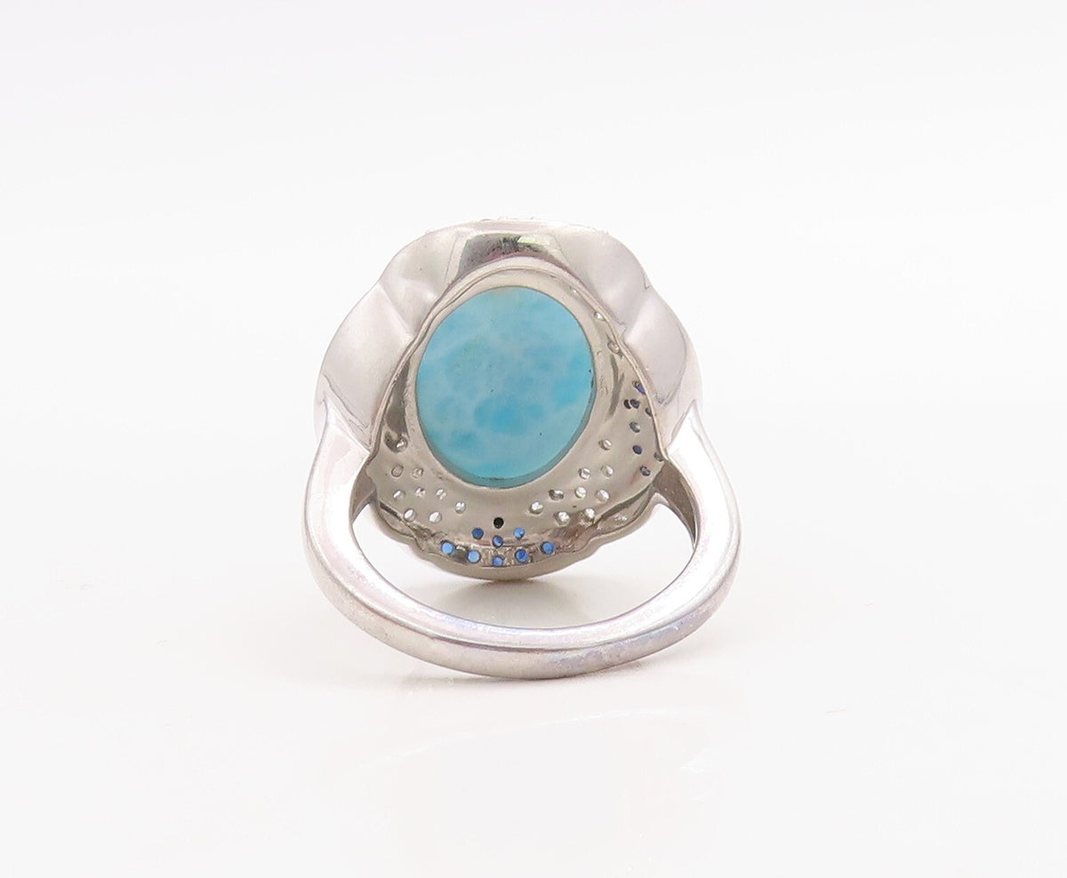 925 Sterling Silver Vintage Ring Larimar Halo Sapphire & CZ Inlay Sz 7  RG30733