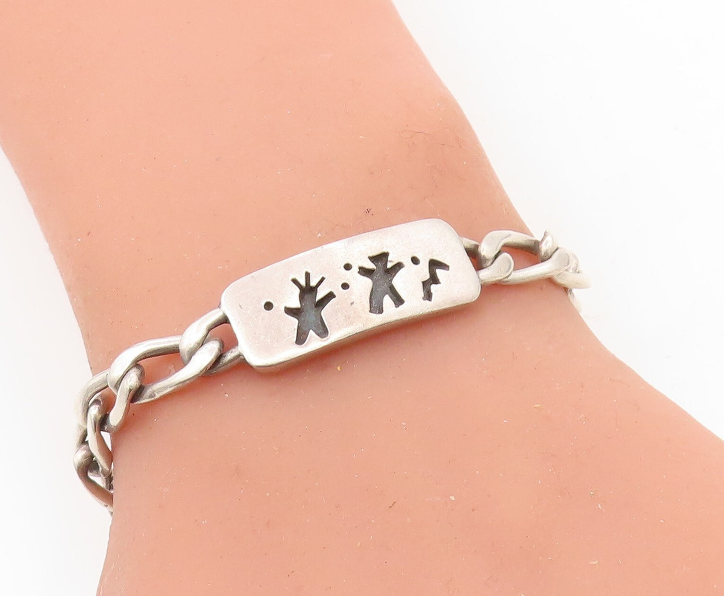 MEXICO 925 Silver  Vintage Oxidized Figures Curb Link Chain Bracelet  BT3023