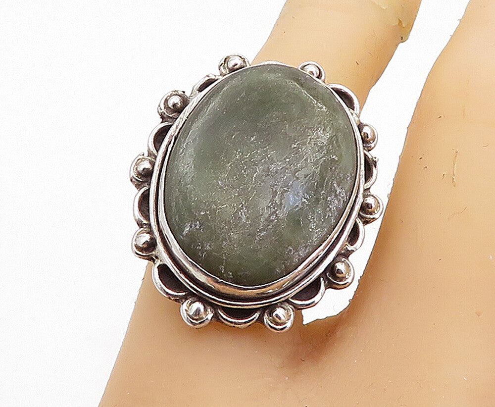 925 Sterling Silver  Vintage Green Jasper Bordered Cocktail Ring Sz 7  RG6147