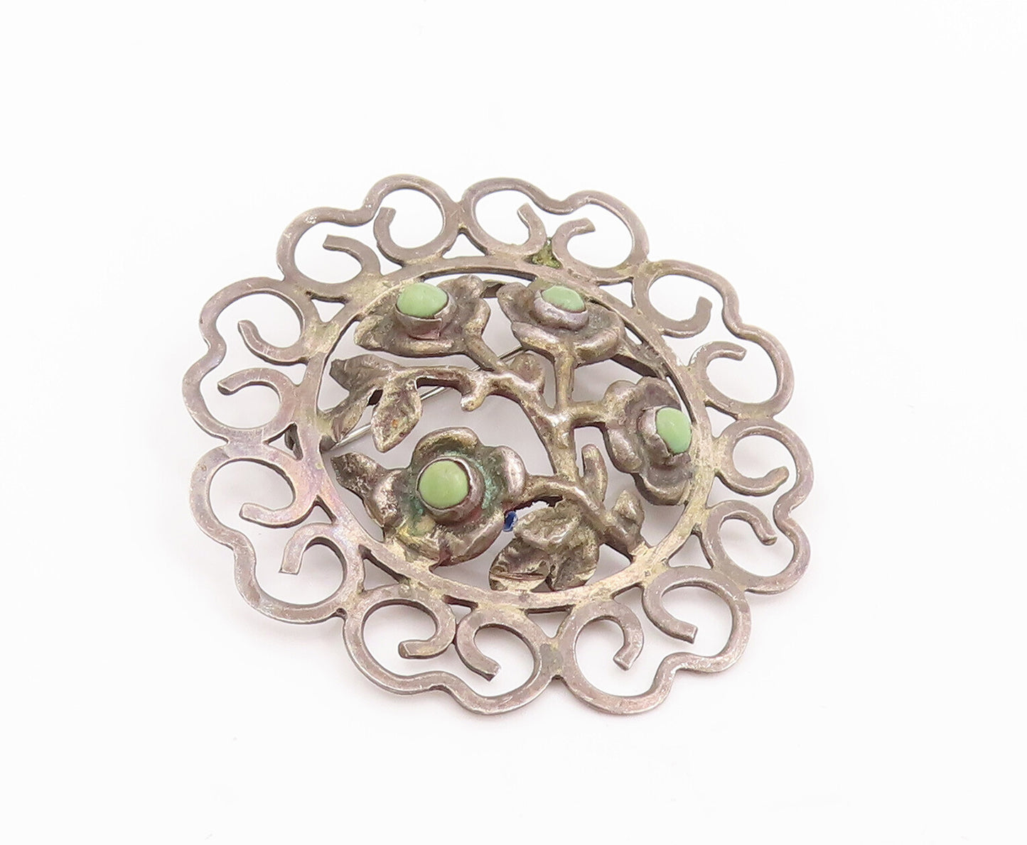 925 Sterling Silver Vintage Brooch Pin MEXICO Antique Turquoise Flower  BP10954