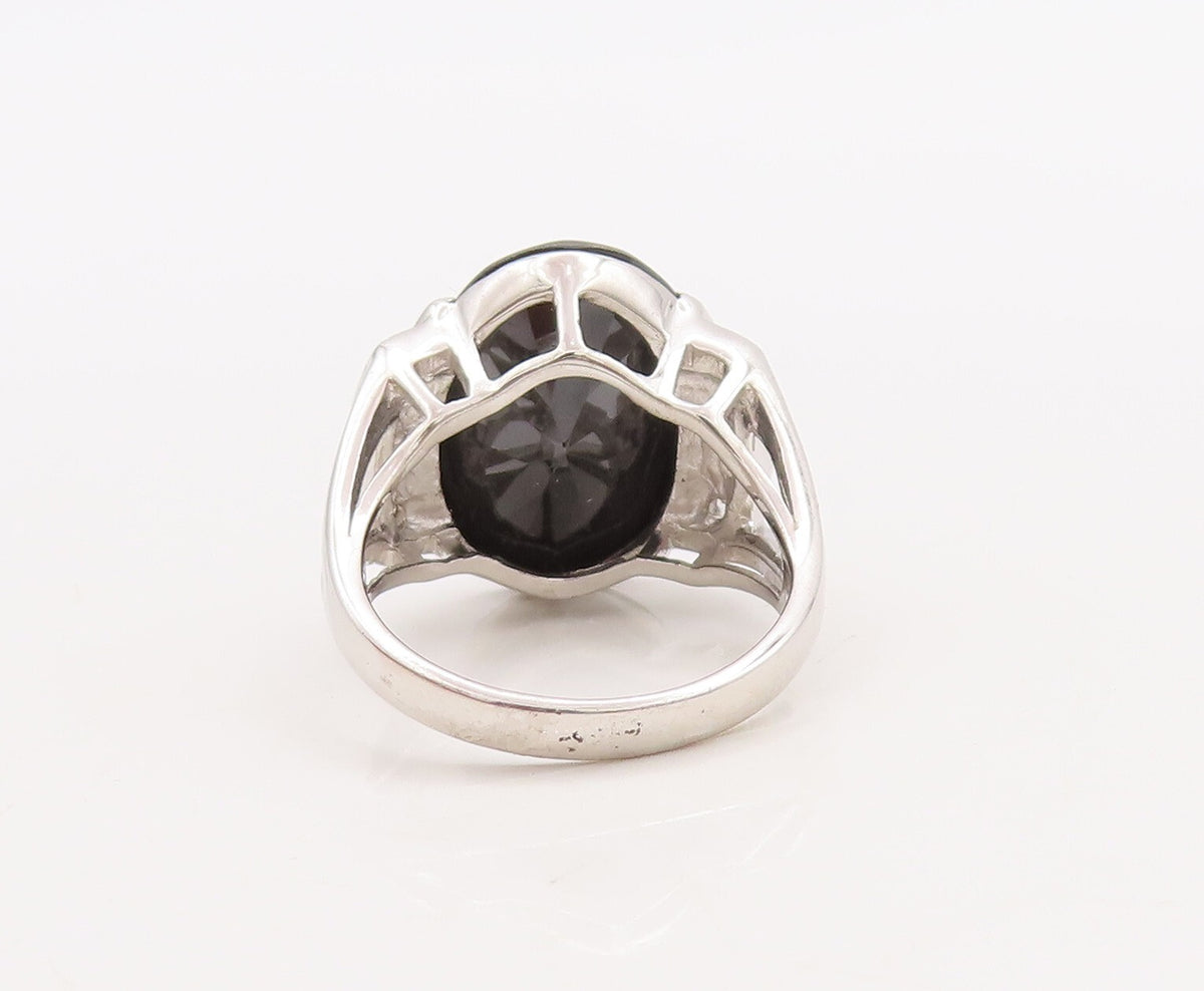 925 Sterling Silver Vintage Ring Oval Cut Onyx & CZ Inlay  Sz 7.5  RG29869