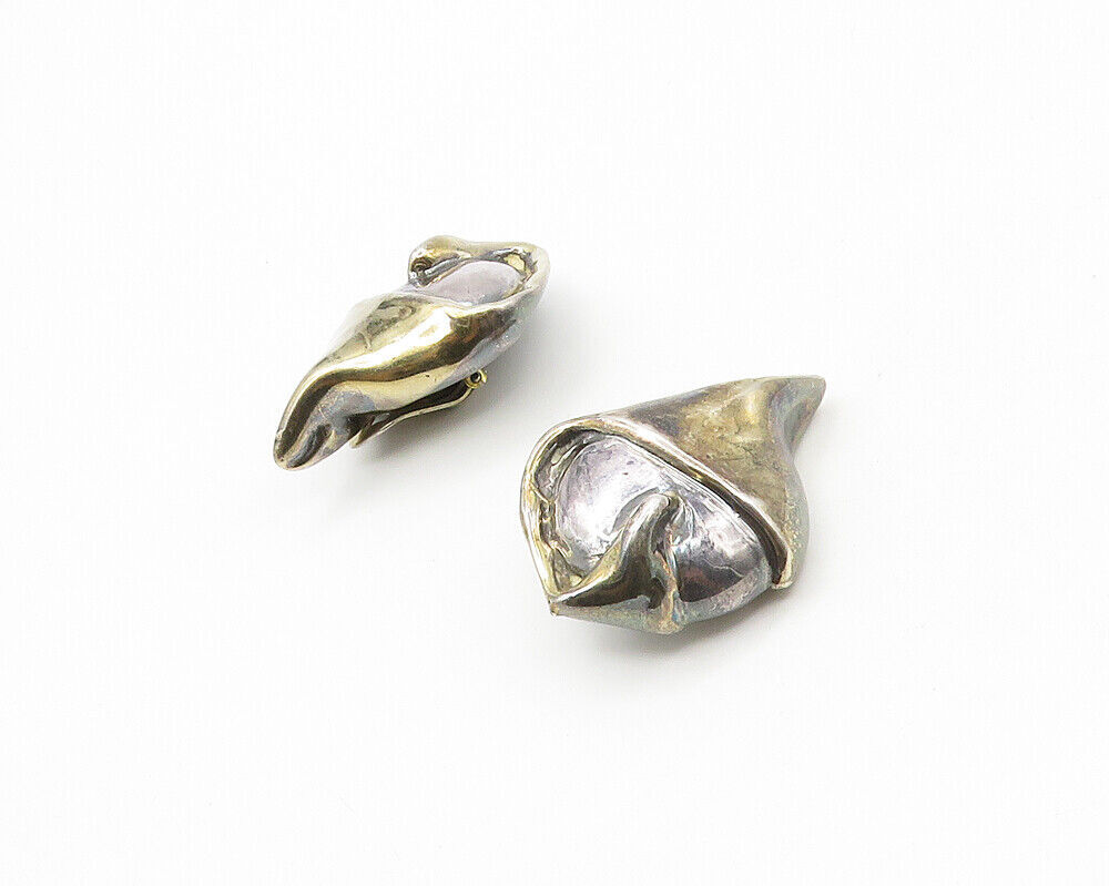 ISRAEL 925 Silver & 14K GOLD  Vintage Sculpted Non Pierce Earrings  EG8968