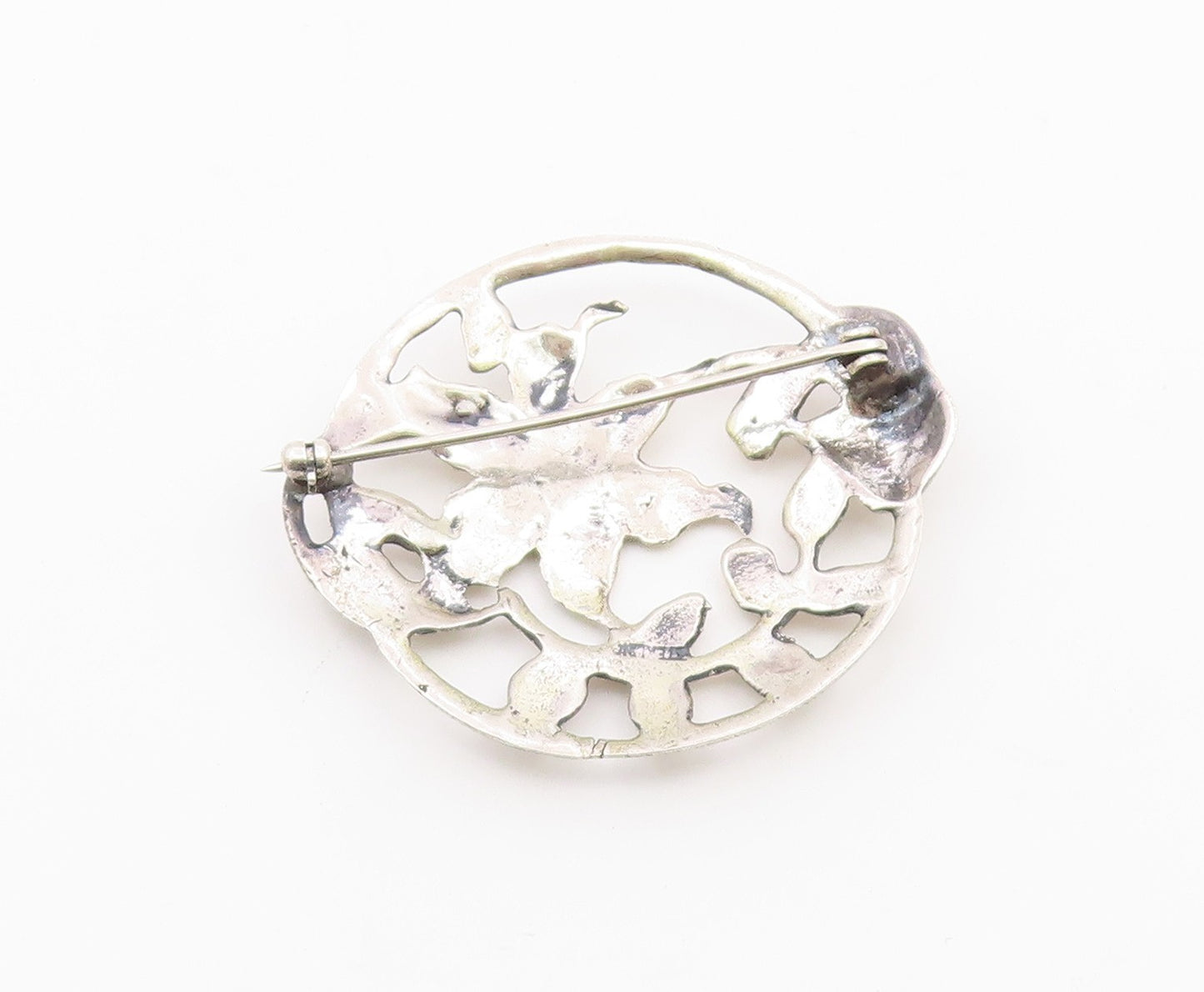 925 Sterling Silver  Vintage Shiny Round Floral Vine Motif Brooch Pin  BP5713