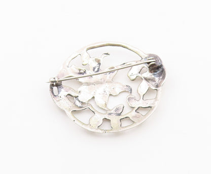 925 Sterling Silver  Vintage Shiny Round Floral Vine Motif Brooch Pin  BP5713