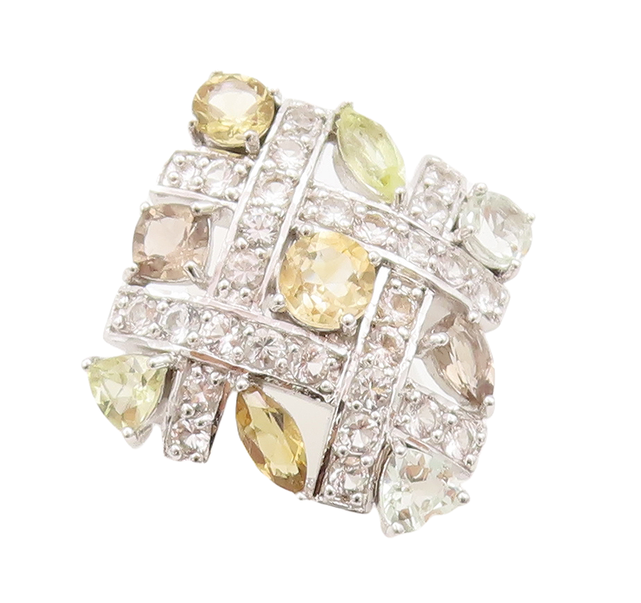 925 Sterling Silver Vintage Ring Checks Cutout Gemstones & CZ Inlay Sz 7 RG29833