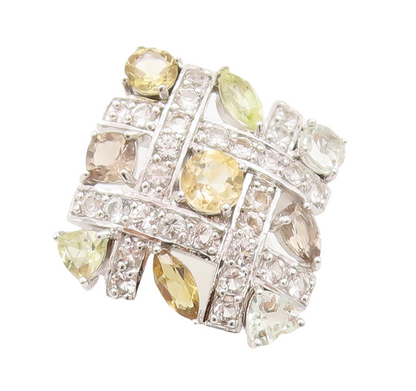 925 Sterling Silver Vintage Ring Checks Cutout Gemstones & CZ Inlay Sz 7 RG29833