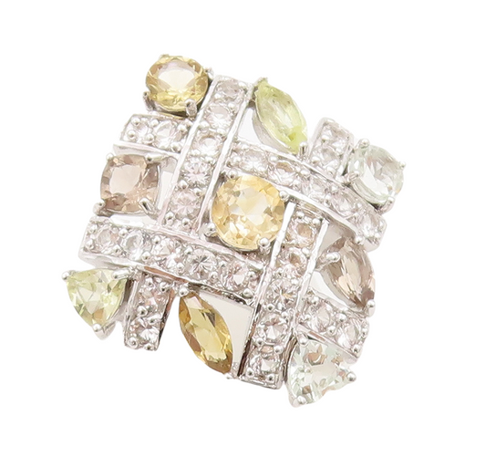 925 Sterling Silver Vintage Ring Checks Cutout Gemstones & CZ Inlay Sz 7 RG29833