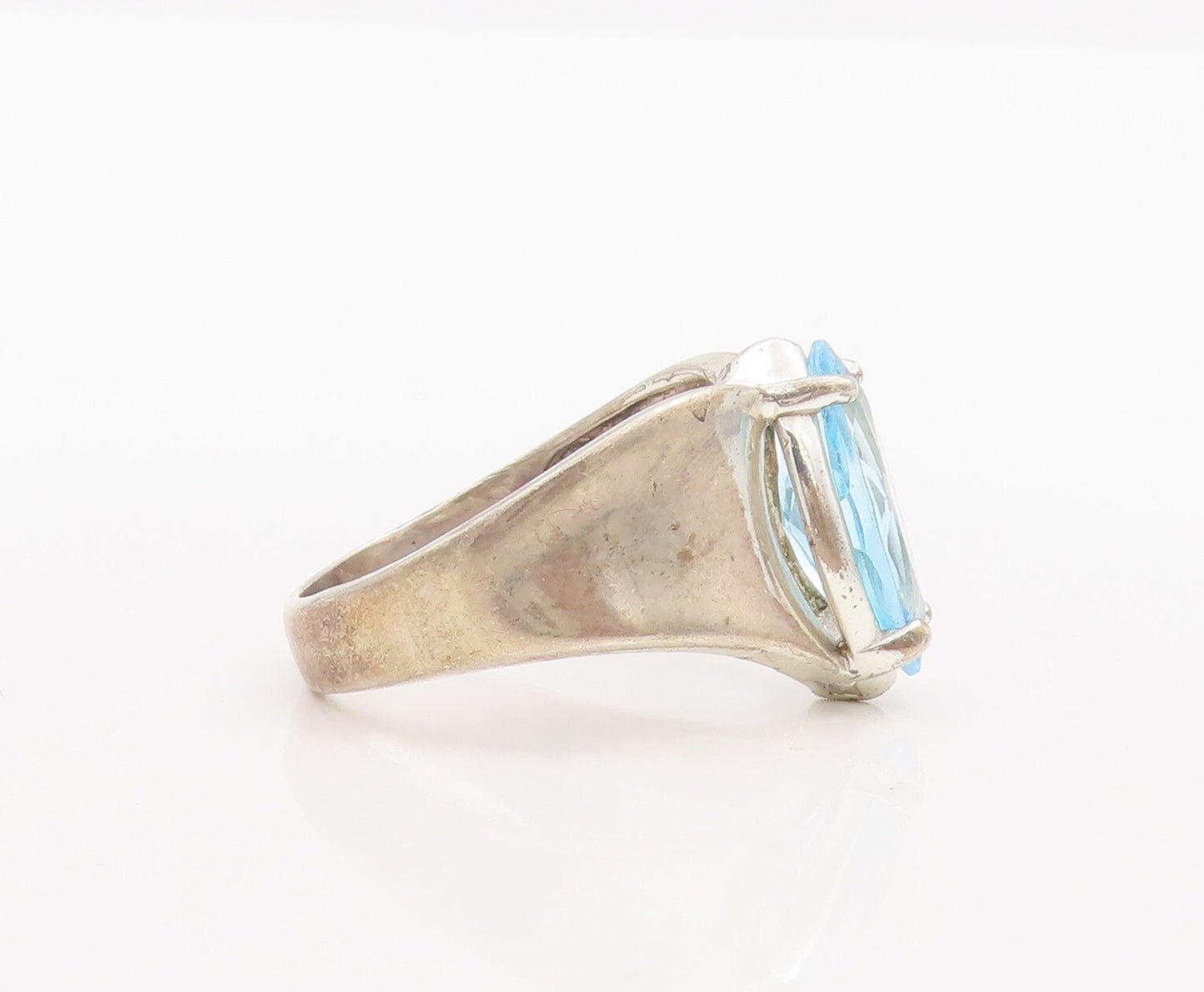 925 Sterling Silver Vintage Ring Solid Marquise Cut Blue CZ  Sz 10.5  RG29087