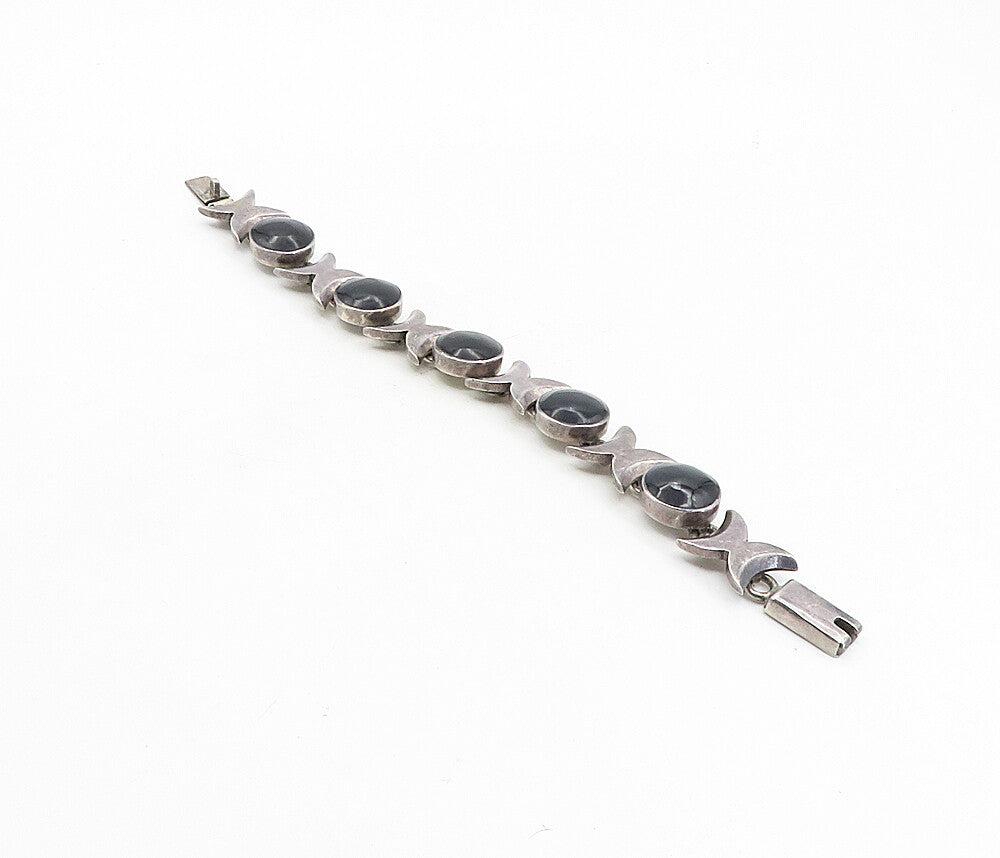MEXICO 925 Silver  Vintage Inlaid Black Onyx Dark Tone Chain Bracelet  BT3955