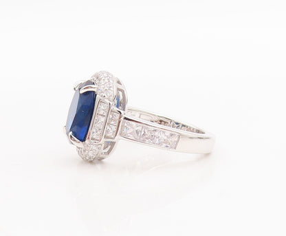 925 Sterling Silver Vintage Ring Designer Oval Sapphire Halo CZ  Sz 7  RG29028