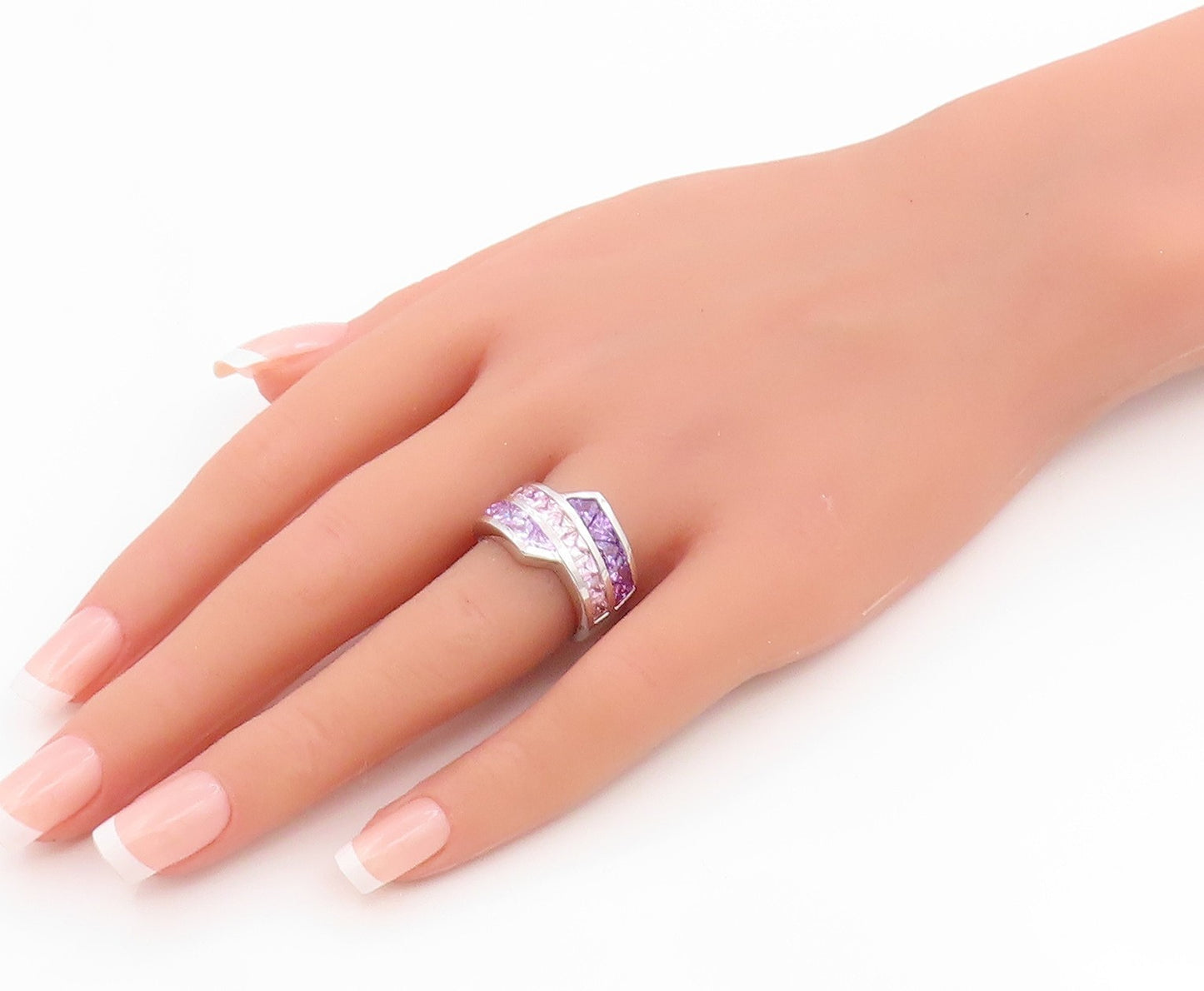925 Sterling Silver Vintage Ring Amethyst & Pink Topaz Band  Sz 7.5  RG36250