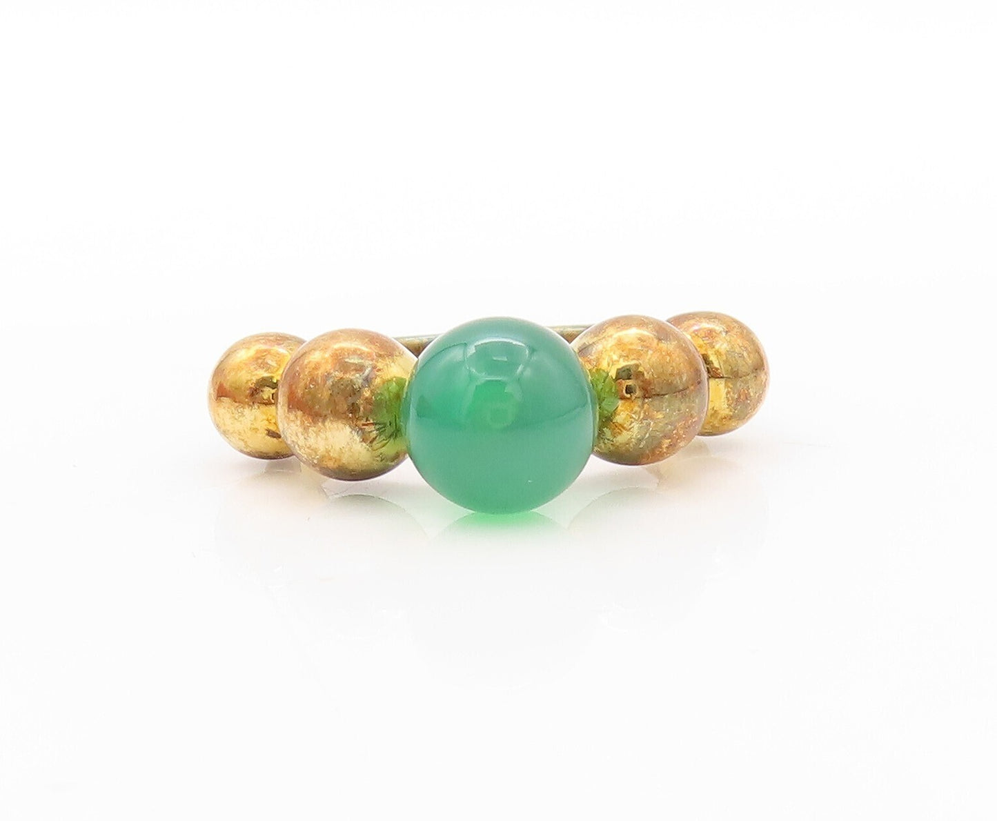 925 Sterling Silver Vintage Ring Gold Plated Bead Carved Jade Sz 7 RG30587