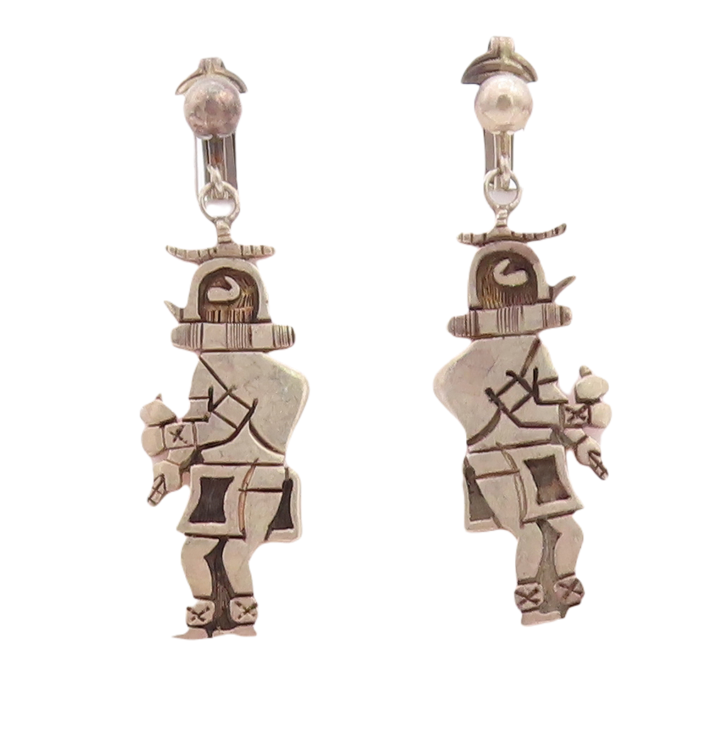 925 Sterling Silver Vintage Earrings NAVAJO Solid Carved Musician  EG13239