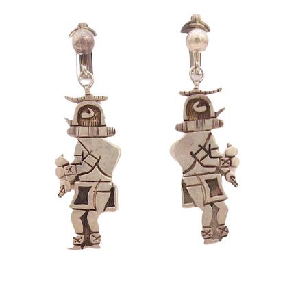 925 Sterling Silver Vintage Earrings NAVAJO Solid Carved Musician  EG13239