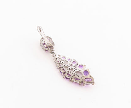925 Sterling Silver Vintage Earrings Amethyst & CZ Marquise Cluster Drop EG13837