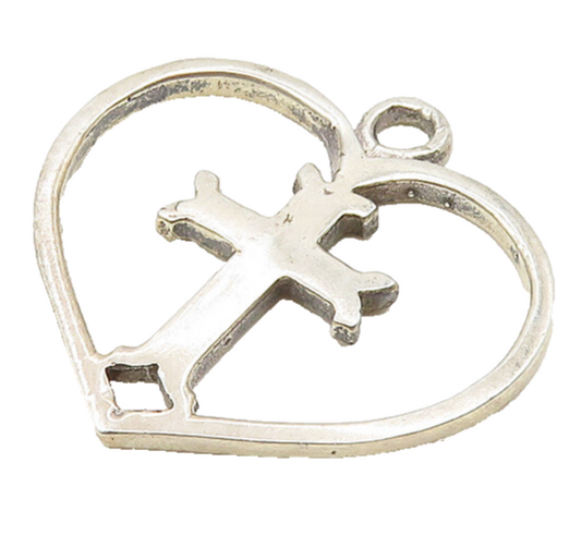 925 Sterling Silver  Vintage Religious Cross Open Love Heart Pendant  PT14708