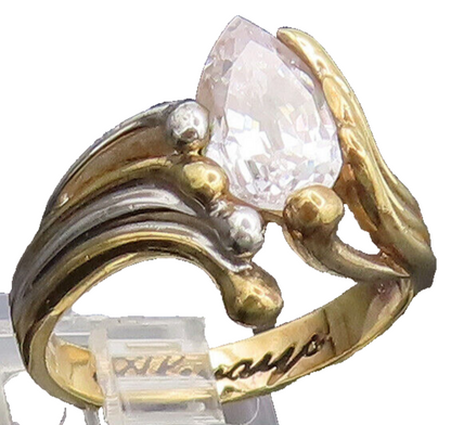 925 Sterling Silver  Vintage Gold Plated Swirly Beaded CZ Ring Sz 7.75 RG27003