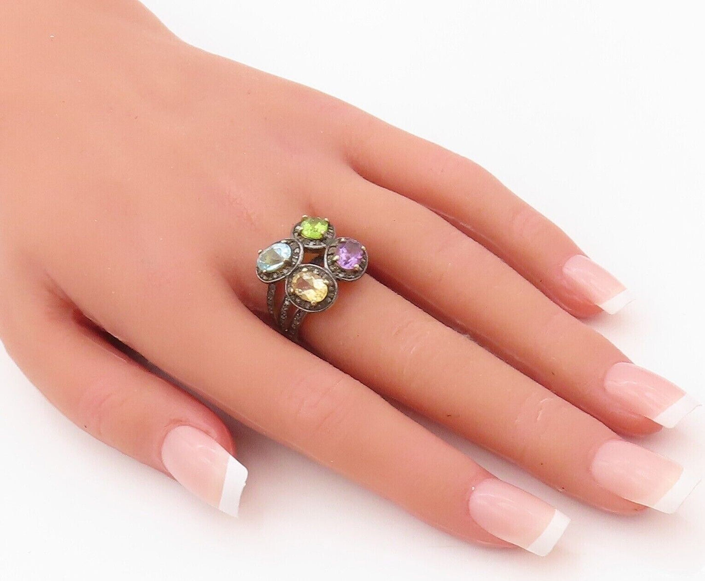 925 Sterling Silver Vintage Ring Gold Plated Diamonds & Gemstones  Sz 7  RG30239