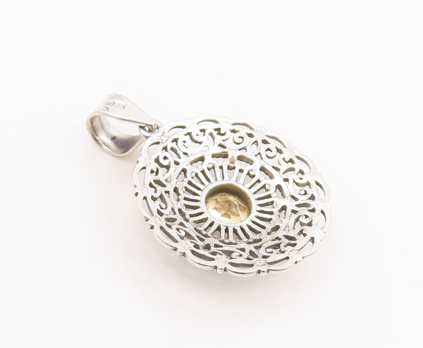 925 Sterling Silver Vintage Pendant Round Cut Citrine Openwork Charm  PT26240