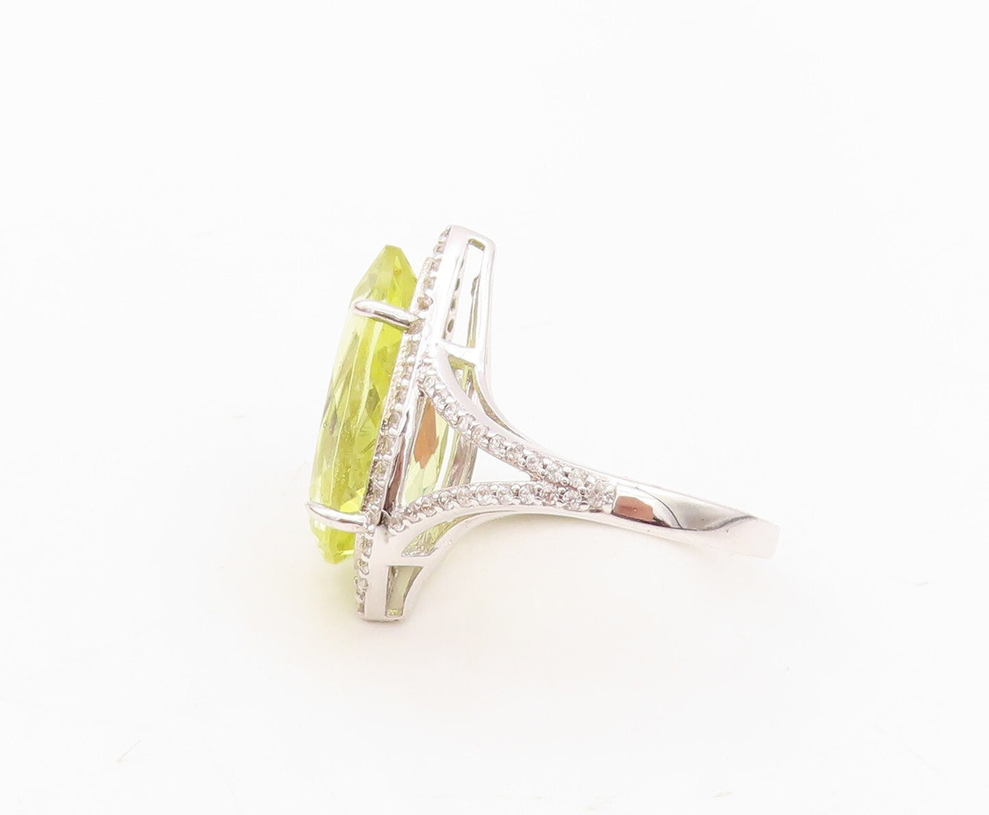 925 Sterling Silver Vintage Ring Drop Cut Designer Peridot & CZ  Sz 7.5  RG30146