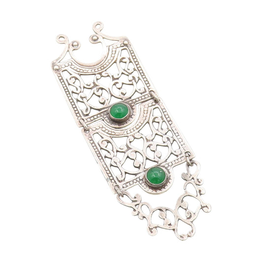 925 Sterling Silver Vintage Pendant Green Gemstone Long Floral Cut Out  PT25049