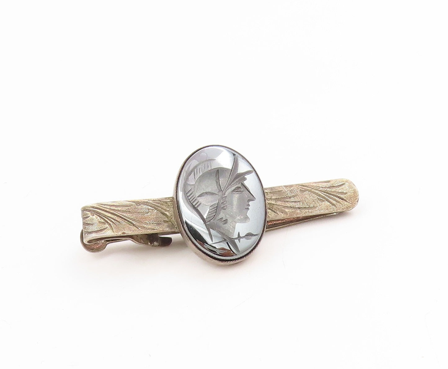 925 Sterling Silver Vintage Tie Clip Carved Hematite Greek Soldier Motif  TR4186