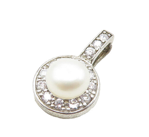 925 Sterling Silver  Vintage Petite Pearl & Cubic Zirconia Pendant  PT14749